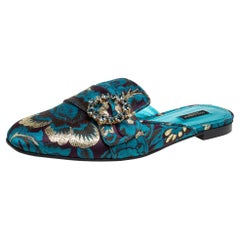 Dolce & Gabbana Blue Printed Brocade Fabric Crystal Embellished Mules Size 41