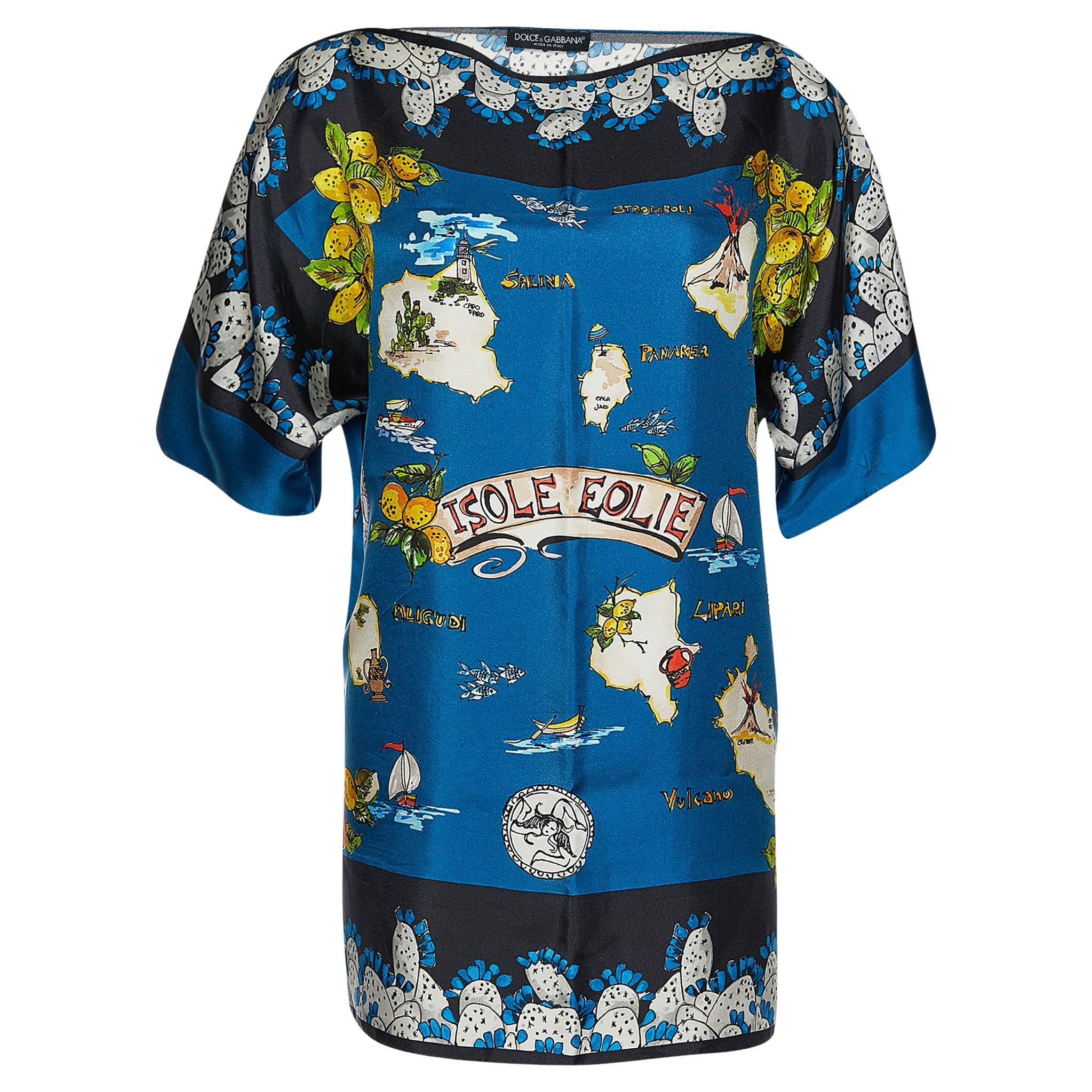 Dolce & Gabbana Blue Printed Silk Blouse M