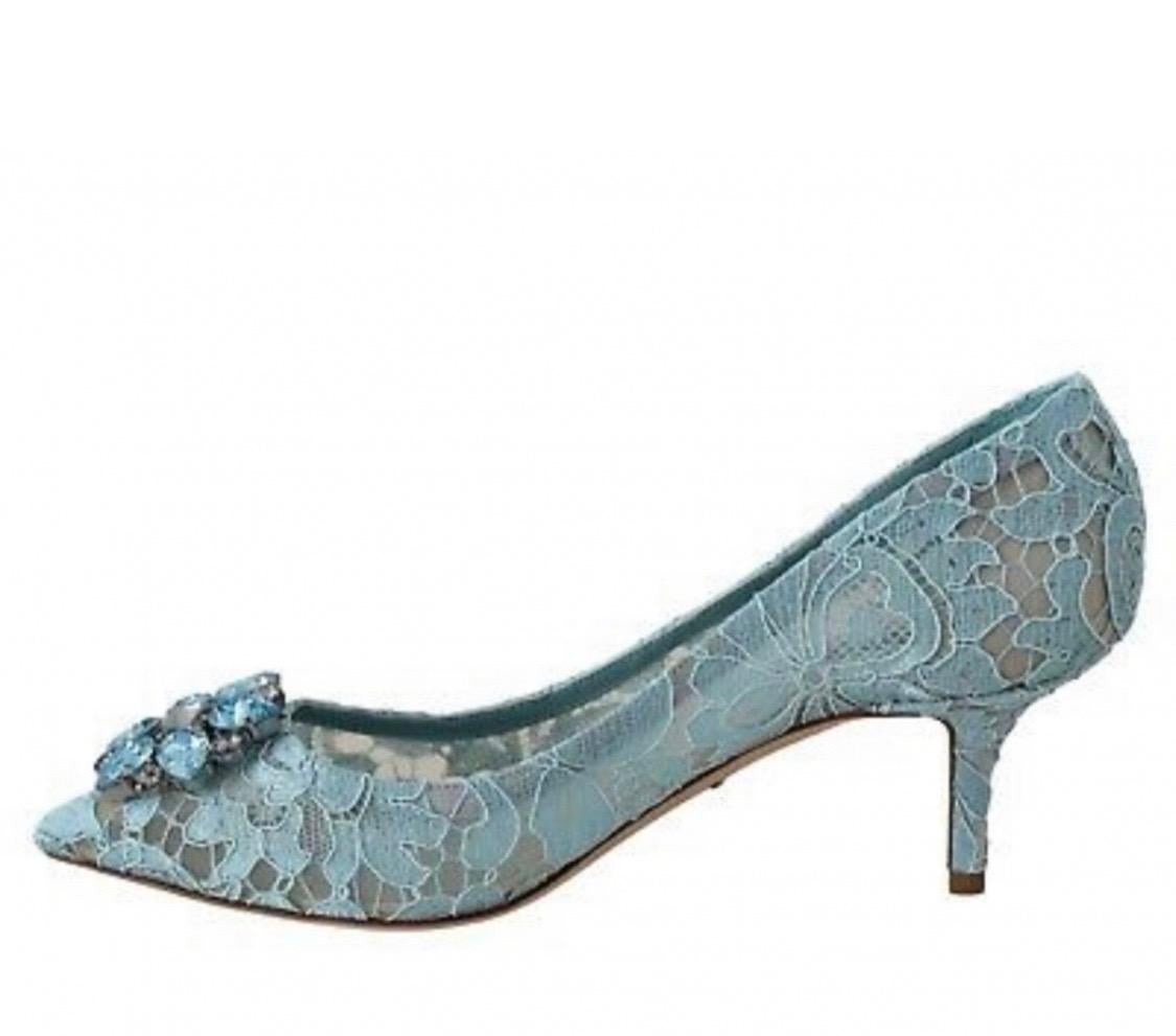 Gray Dolce & Gabbana blue  PUMP lace
shoes with jewel detail on the top heels 