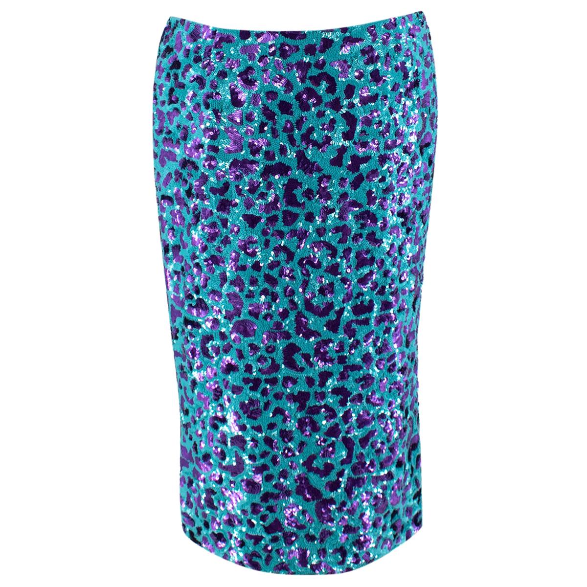 Dolce & Gabbana Blue & Purple Leopard Print Sequin Skirt - Us size 8 For Sale