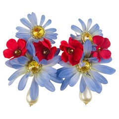 Dolce & Gabbana Blue Red Brass Crystal Flower Filigree Earrings Clip-on Pearl