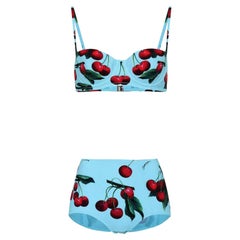 Dolce & Gabbana Blue Red Cherry Two-piece Swimsuit Bikini Swimwear Beachwear