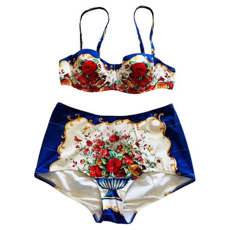 Dolce and Gabbana Blue Red Roses Floral Vase Bikini Swimsuit Swimwear