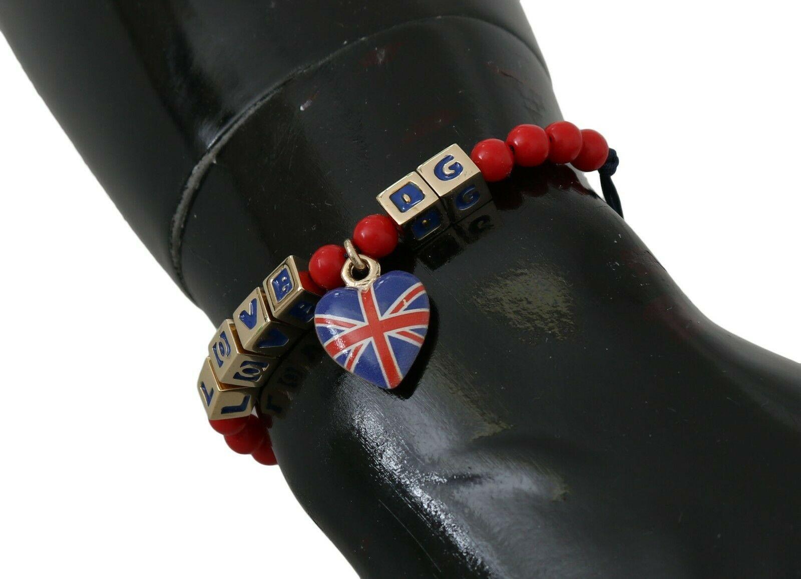 Modern Dolce & Gabbana Blue Red Silver Glass DG Loves London GB Chain Charm Bracelet 