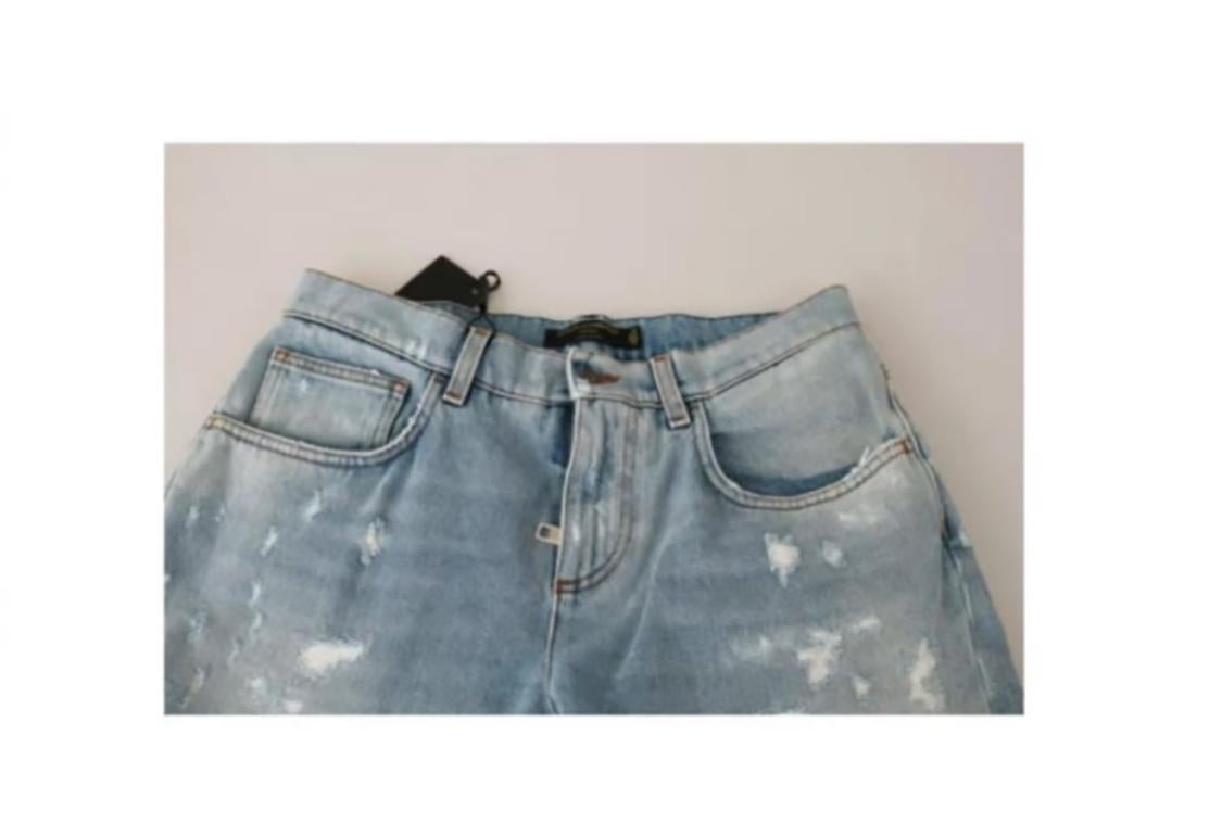 Dolce & Gabbana Blue Ripped Cotton Mid Waist Cropped Jeans Boyfriend Fit Slim In New Condition For Sale In WELWYN, GB