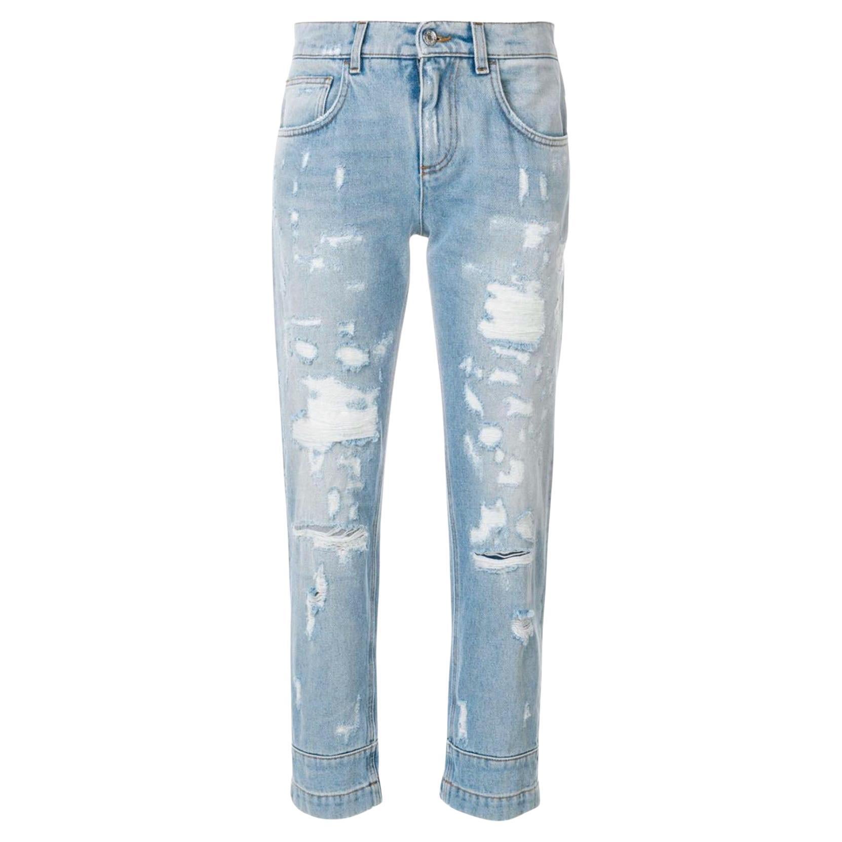 Dolce & Gabbana Blue Ripped Cotton Mid Waist Cropped Jeans Boyfriend Fit Slim For Sale