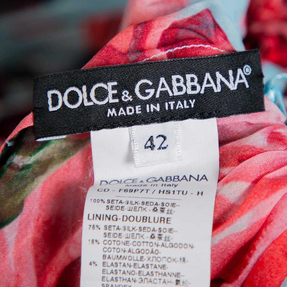 Pink Dolce & Gabbana Blue Rose Printed Silk Smocked Detail Midi Dress M