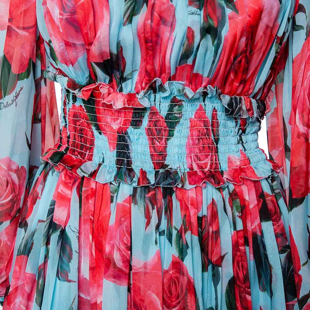 Dolce & Gabbana Blue Rose Printed Silk Smocked Detail Midi Dress M In Excellent Condition In Dubai, Al Qouz 2