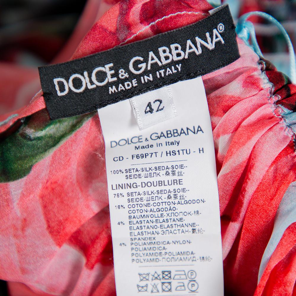 Women's Dolce & Gabbana Blue Rose Printed Silk Smocked Detail Midi Dress M