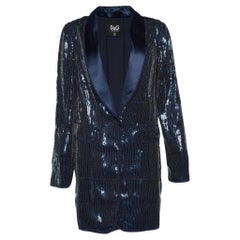 Dolce & Gabbana Blue Sequined Single Button Long Blazer M