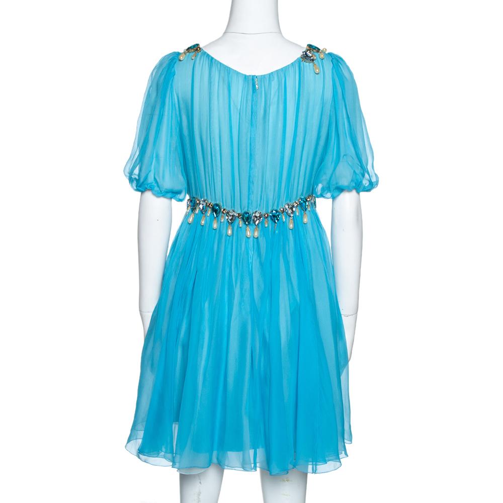 Dolce & Gabbana Blue Silk Chiffon Crystal Embellished Dress M In Good Condition In Dubai, Al Qouz 2