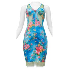 Dolce & Gabbana Blue Silk Dress With Pink Flowers And Lace Cutouts