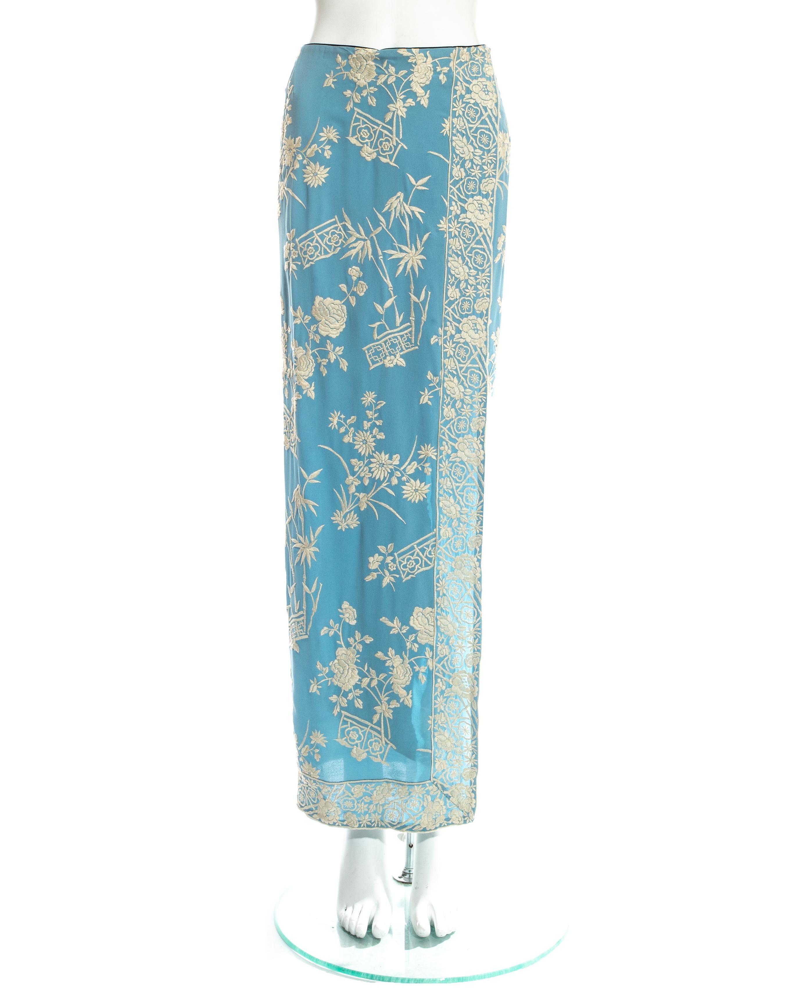 Dolce & Gabbana blue silk sarong style wrap skirt with white floral embroidery. 

Spring-Summer 1997