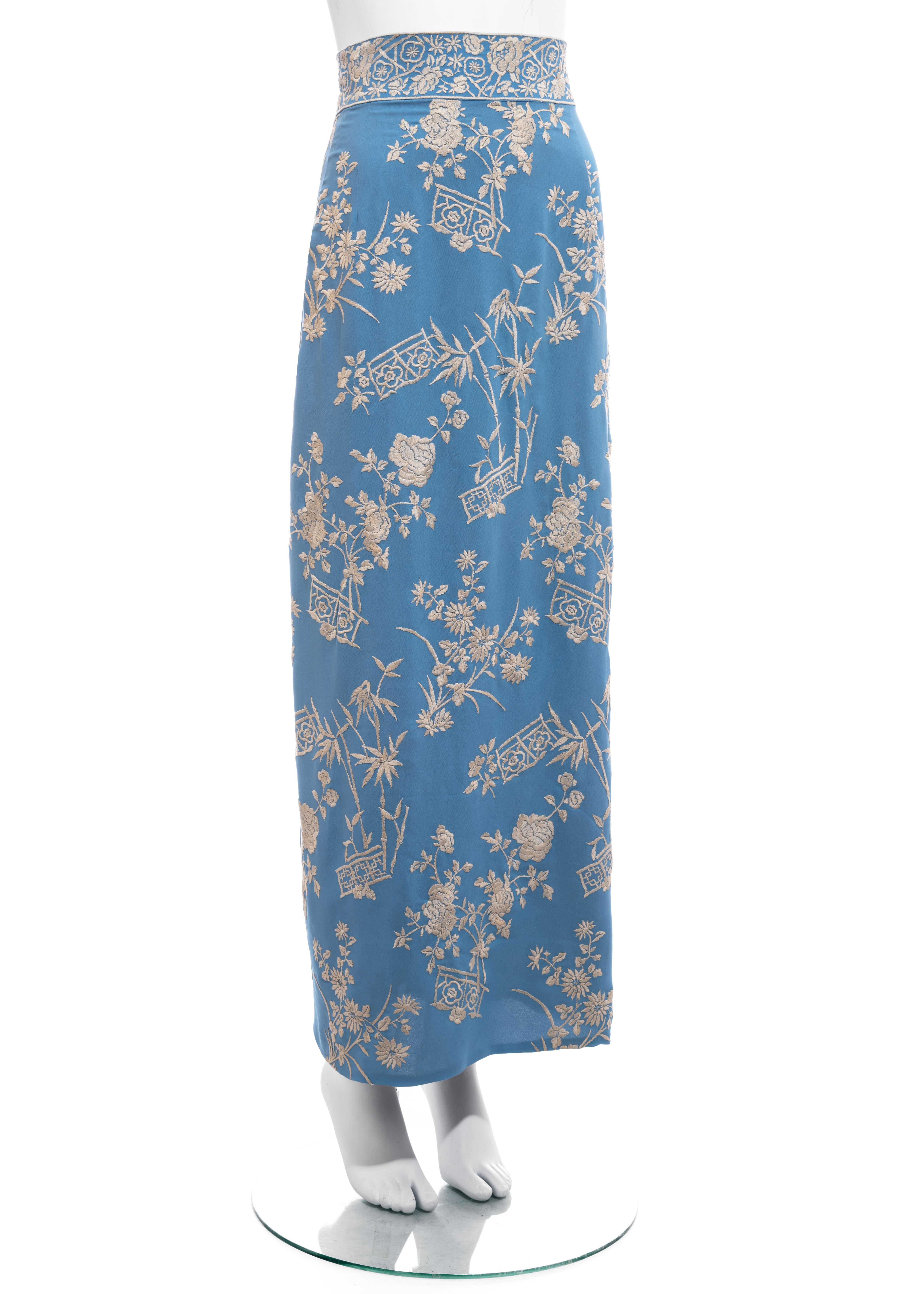 Dolce & Gabbana blue silk evening wrap skirt with floral embroidery, ss 1997 In Excellent Condition In London, GB