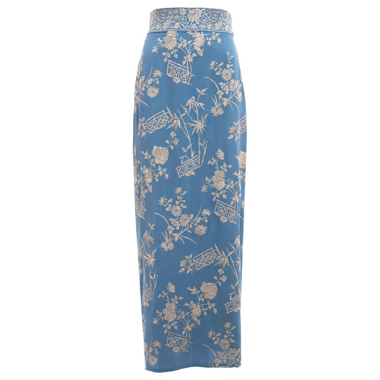 Dolce and Gabbana blue silk evening wrap skirt with floral embroidery ...