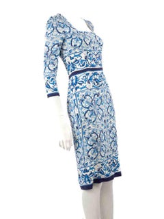 Dolce & Gabbana Blue Silk Majolica Print Midi Dress Size S