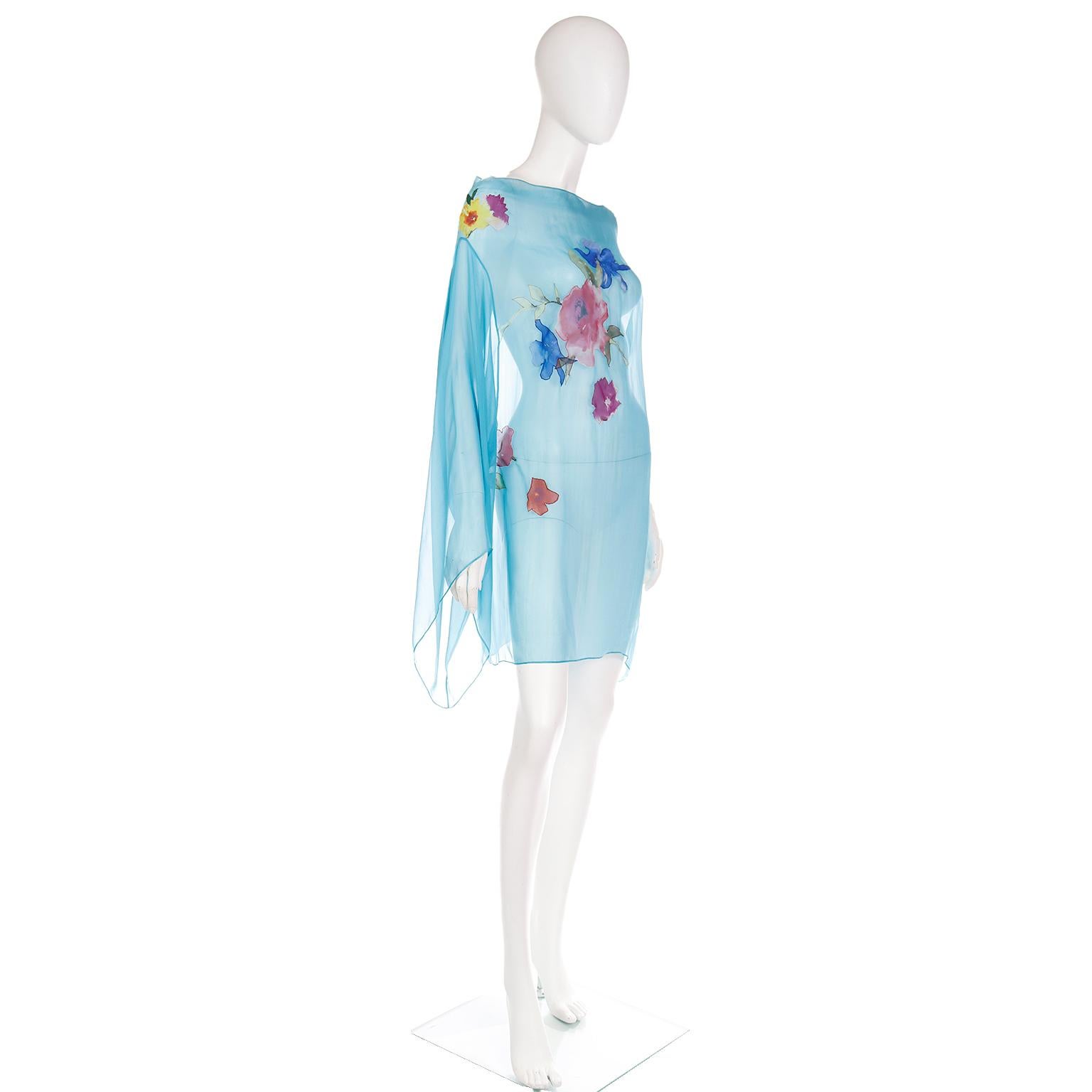 Dolce & Gabbana Blue Silk Poncho or Caftan Style Asymmetric Top in Floral Print In Excellent Condition In Portland, OR