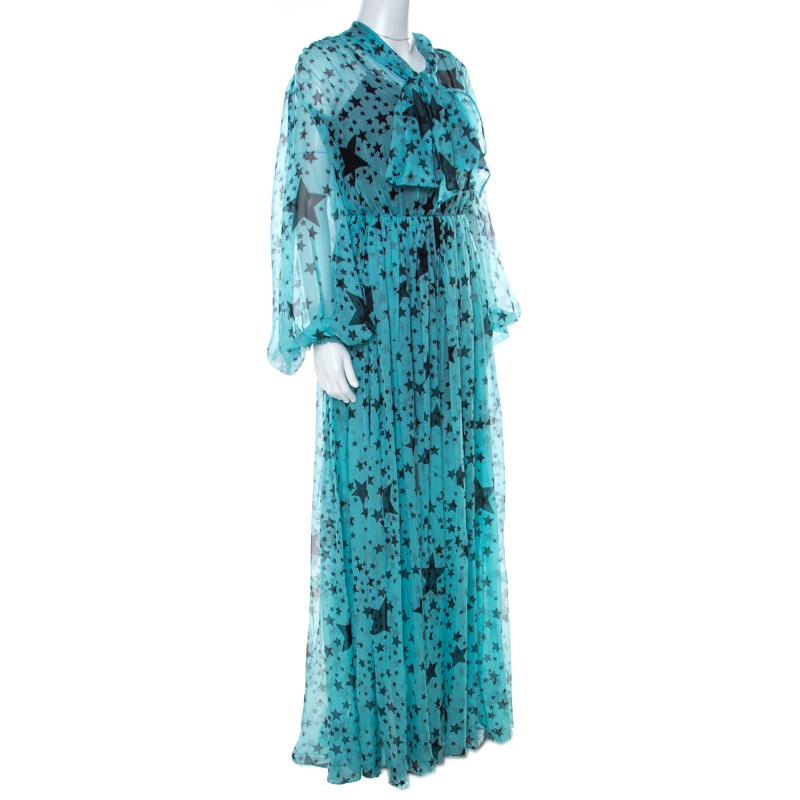 Dolce & Gabbana Blue Star Printed Georgette Elastic Waist Billowy Dress S In Good Condition In Dubai, Al Qouz 2