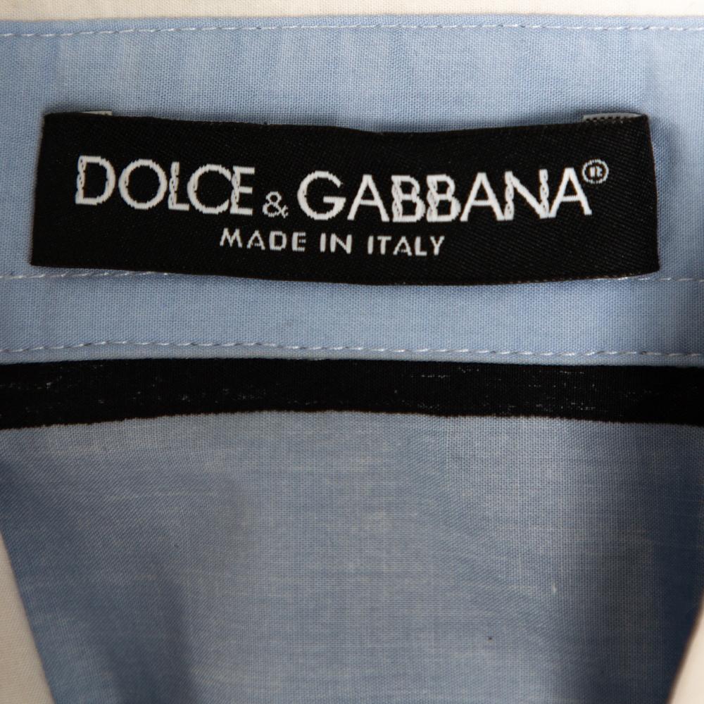 Dolce & Gabbana Blau gestreiftes Baumwollhemd mit gekräuselter Knopfleiste, M im Angebot 1