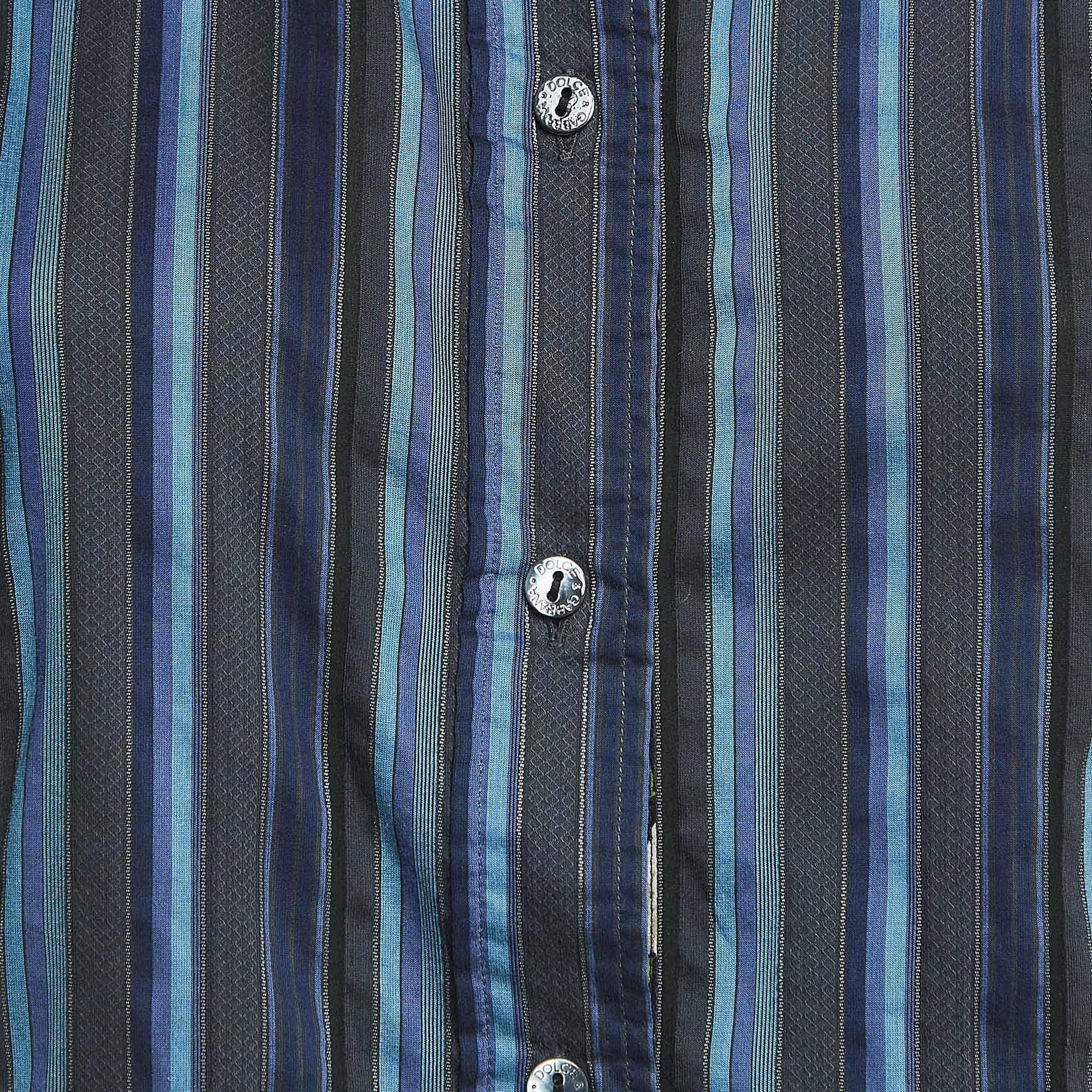 Black Dolce & Gabbana Blue Striped Cotton Full Sleeve Shirt M For Sale