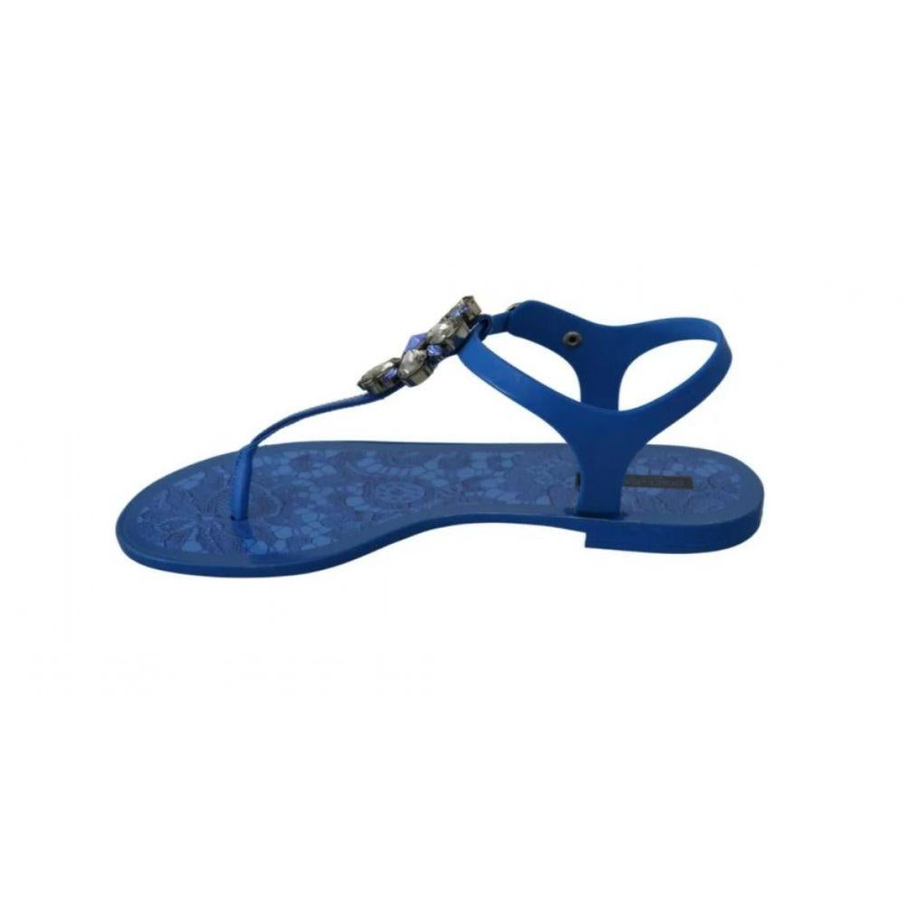 Dolce & Gabbana Blue Taormina Lace Flats Sandals Shoes Flips Flops Crystals In New Condition In WELWYN, GB