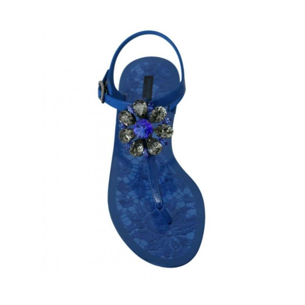 Dolce & Gabbana Blue Taormina Lace Flats Sandals Shoes Flips Flops Crystals 1