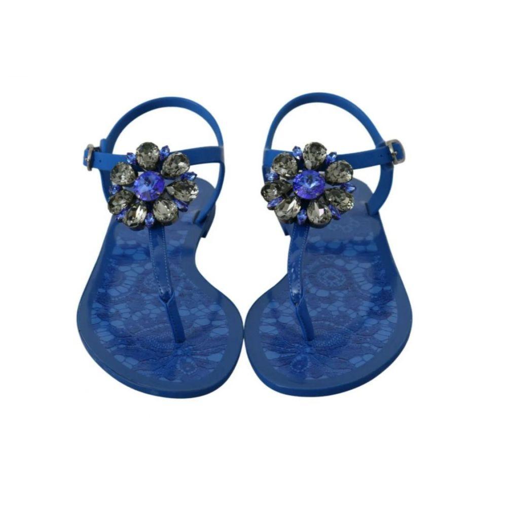 Dolce & Gabbana Blue Taormina Lace Flats Sandals Shoes Flips Flops Crystals 2