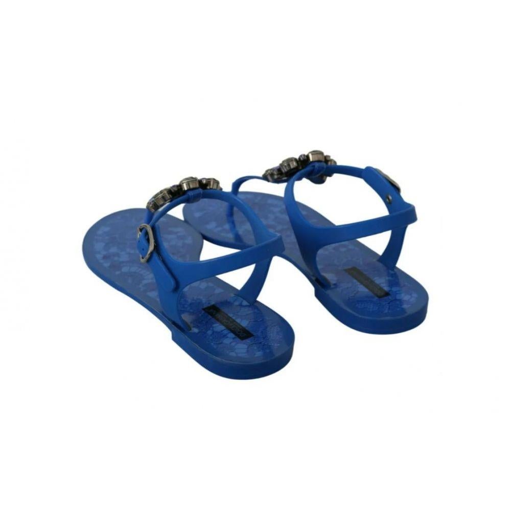 Dolce & Gabbana Blue Taormina Lace Flats Sandals Shoes Flips Flops Crystals 3