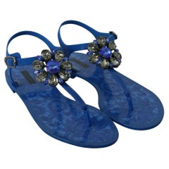 Dolce & Gabbana Blue Taormina Lace Flats Sandals Shoes Flips Flops Crystals
