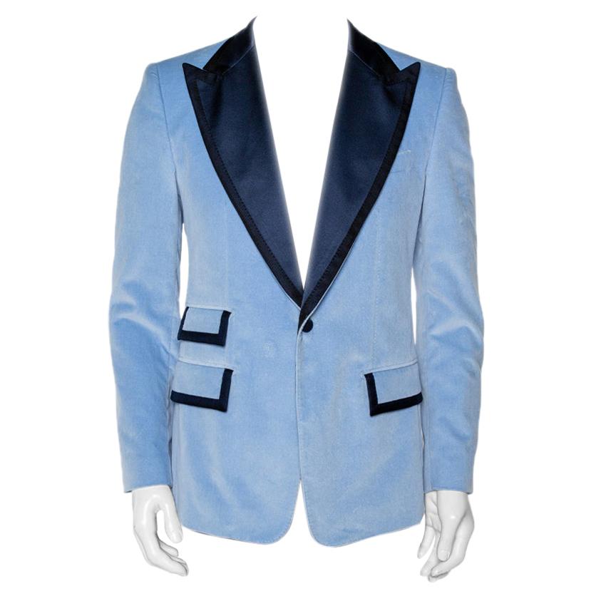 DOLCE & GABBANA Velvet Blazer Jacket with Silk Peak Lapel and Pockets Blue 09749 