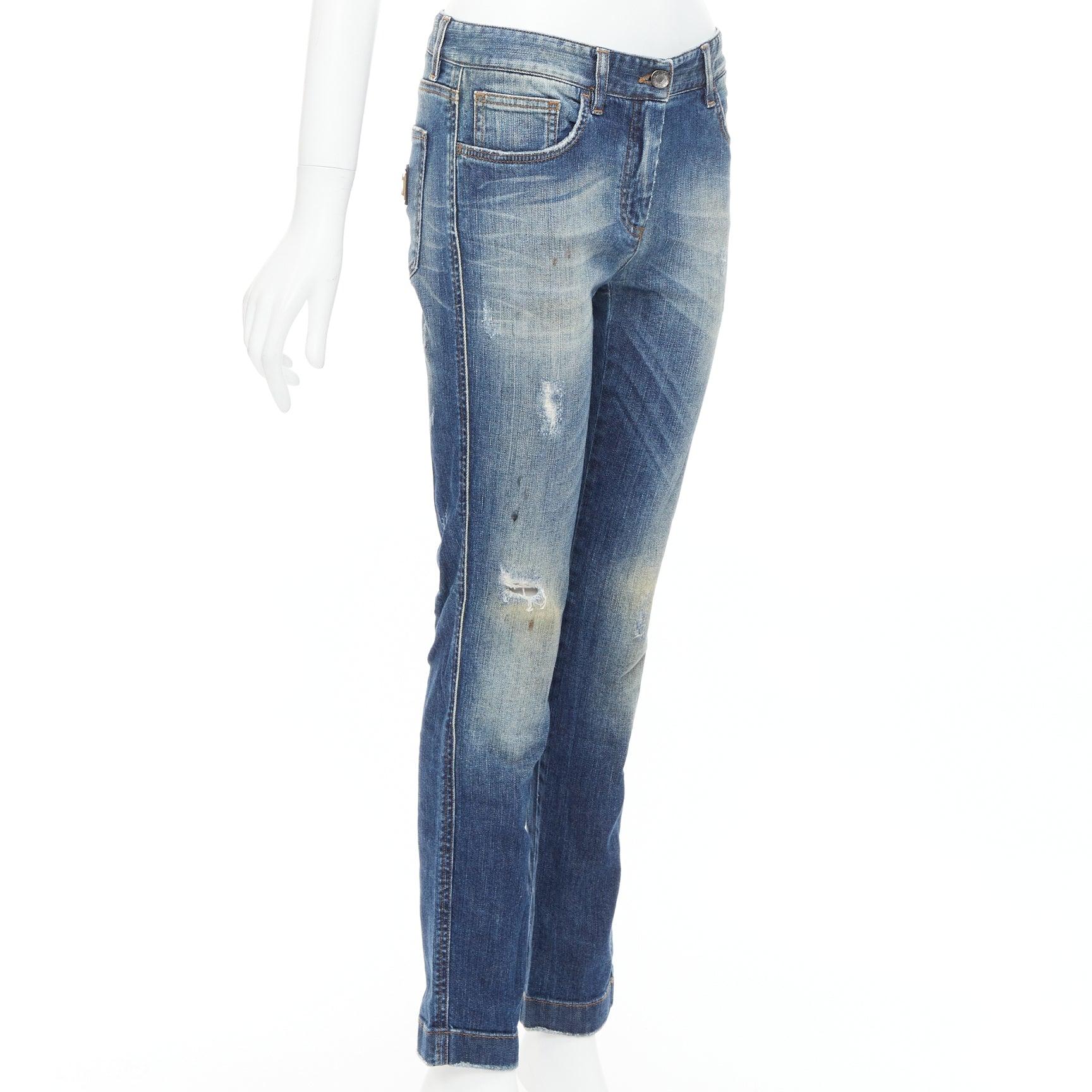 DOLCE GABBANA vaqueros desgastados con placa del logotipo en denim lavado azul IT40 M Gris en venta