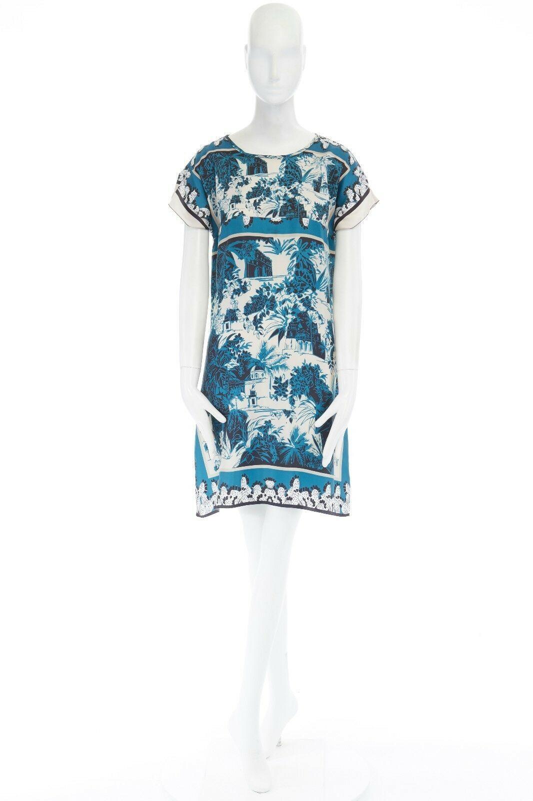 Gray DOLCE GABBANA blue white 100% silk cap sleeve mini dress IT40 S