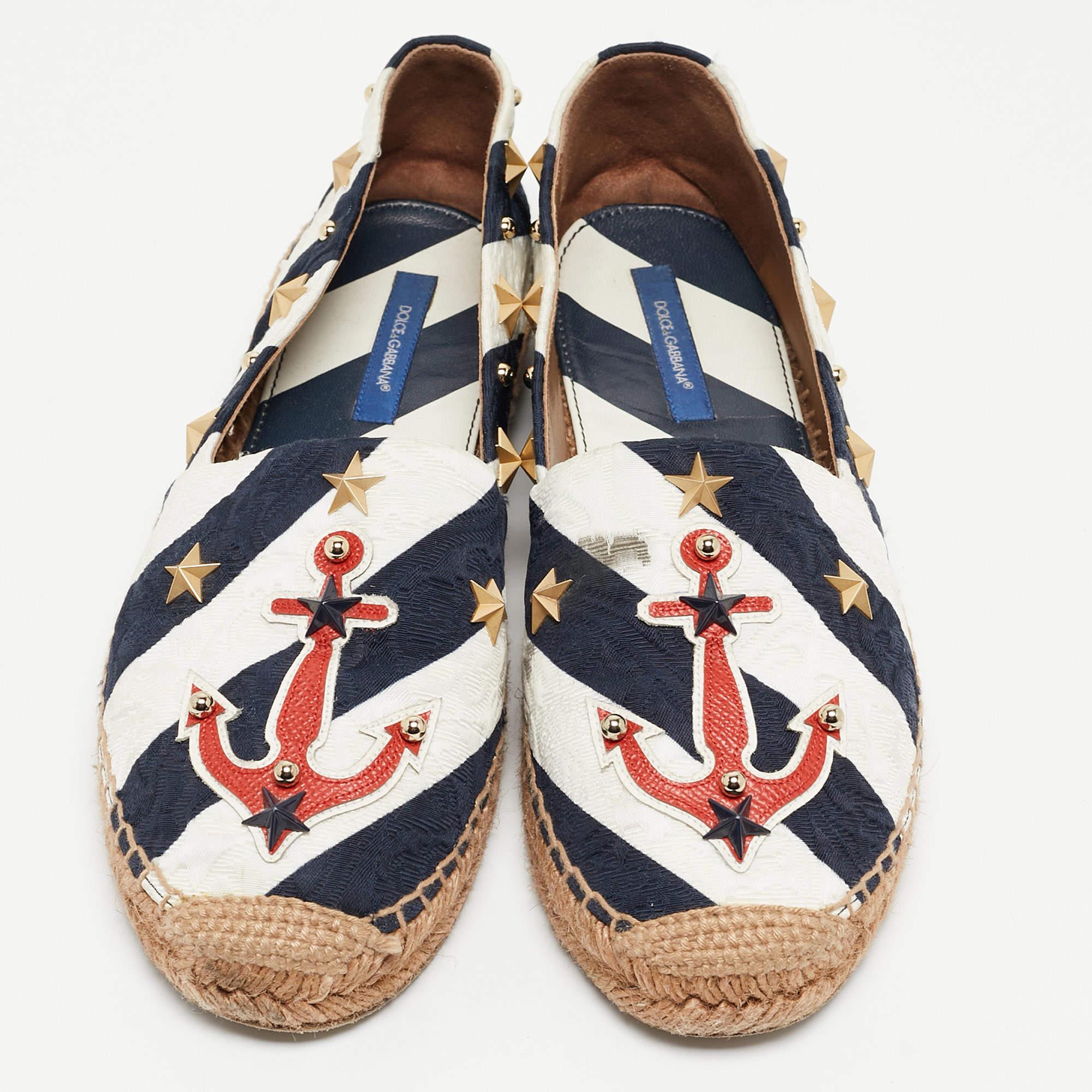 Beige Dolce & Gabbana - Espadrilles plates en toile bleu/blanc, taille 40 en vente