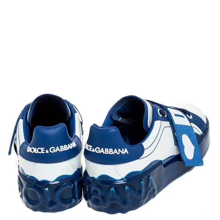 Dolce and Gabbana Blue/White Elastic Logo Leather Melt Portofino Sneakers  Size 38 For Sale at 1stDibs | dolce and gabbana shoes