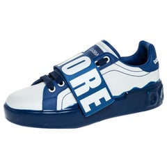 Dolce & Gabbana Blau/Weiß Elastische Logo Leder Melt Portofino Turnschuhe Größe 38