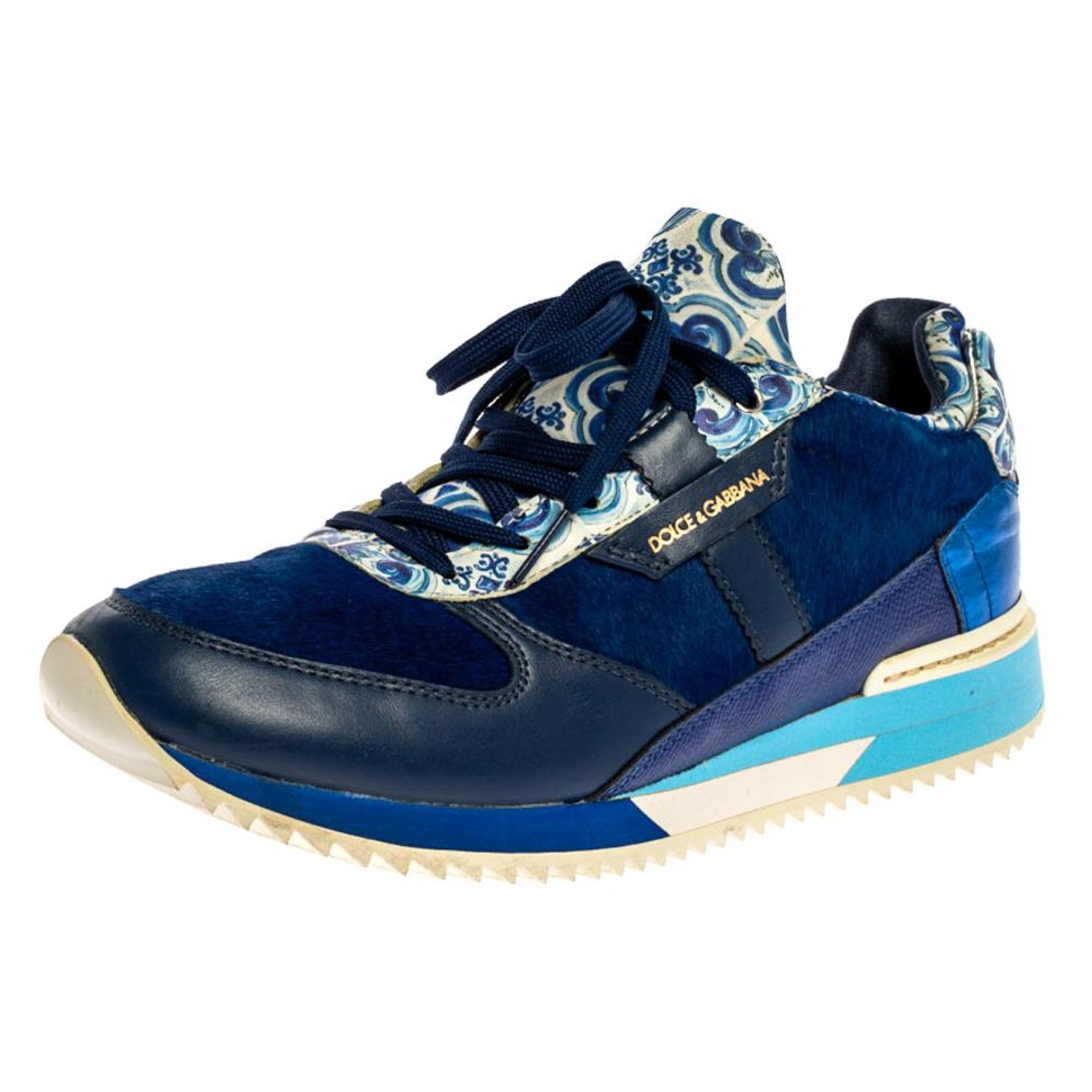 Dolce and Gabbana Blue/White Majolica Print Leather Platform Sneaker Size  38.5 For Sale at 1stDibs