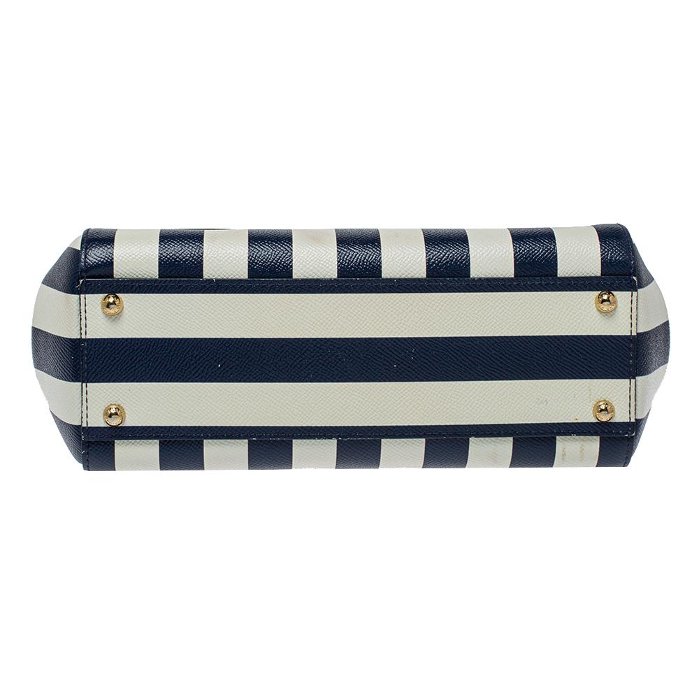 Women's Dolce & Gabbana Blue/White Striped Embroidered Medium Miss Sicily Top Handle Bag