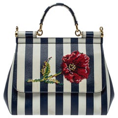 Dolce & Gabbana Blue/White Striped Embroidered Medium Miss Sicily Top Handle Bag