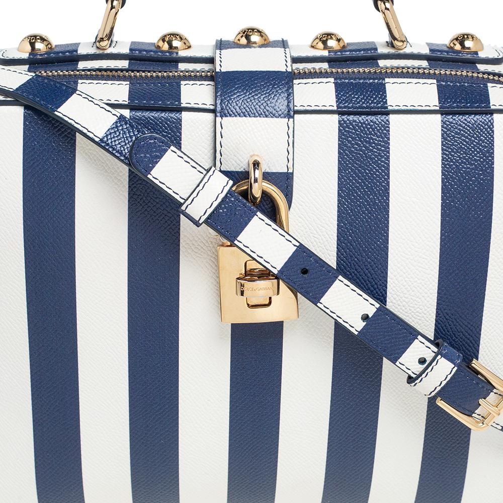 Dolce & Gabbana Blue/White Striped Leather Box Top Handle Bag In Good Condition In Dubai, Al Qouz 2