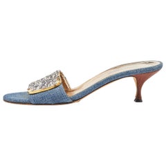 Dolce & Gabbana Blue/White Tweed and Denim Slide Sandals Size 38.5