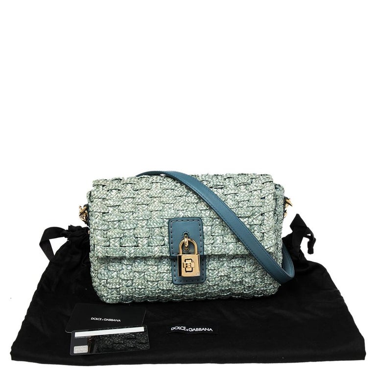 Dolce and Gabbana Blue Woven Raffia and Leather Padlock Shoulder