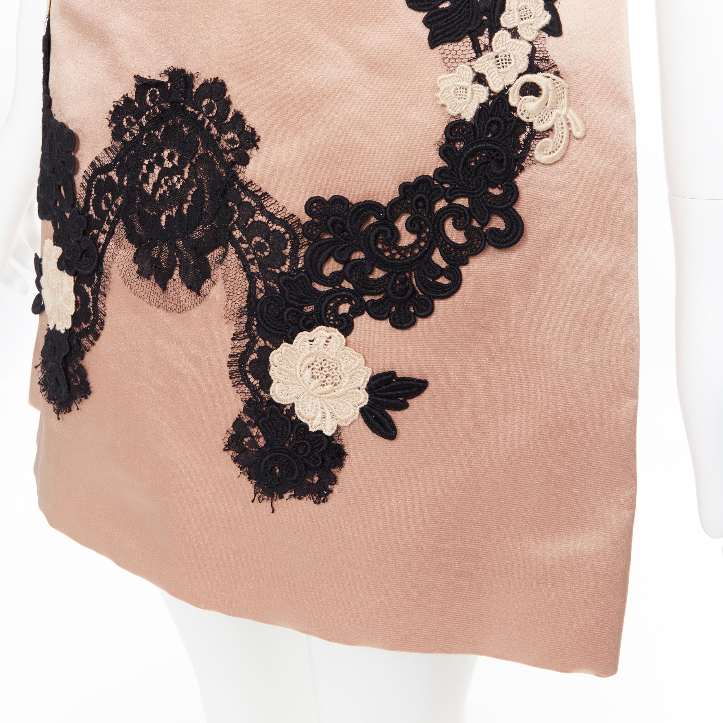 Women's DOLCE GABBANA blush pink silk black floral lace A-line mini dress IT36 XS