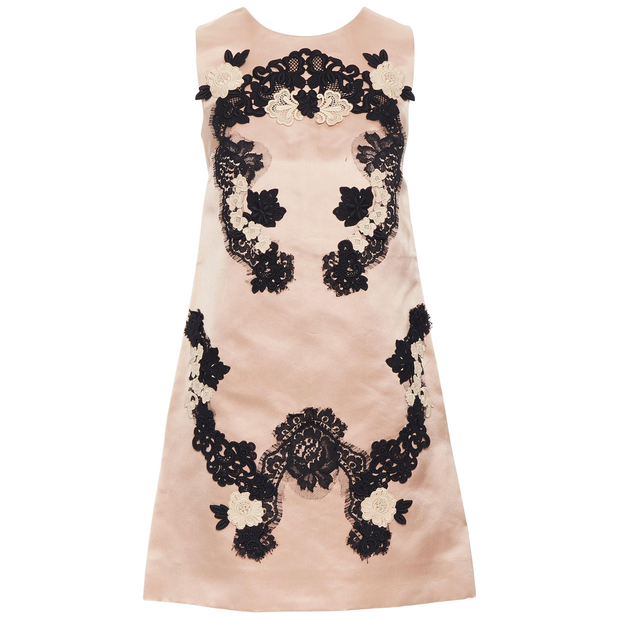 DOLCE GABBANA blush pink silk black floral lace A-line mini dress IT36 XS