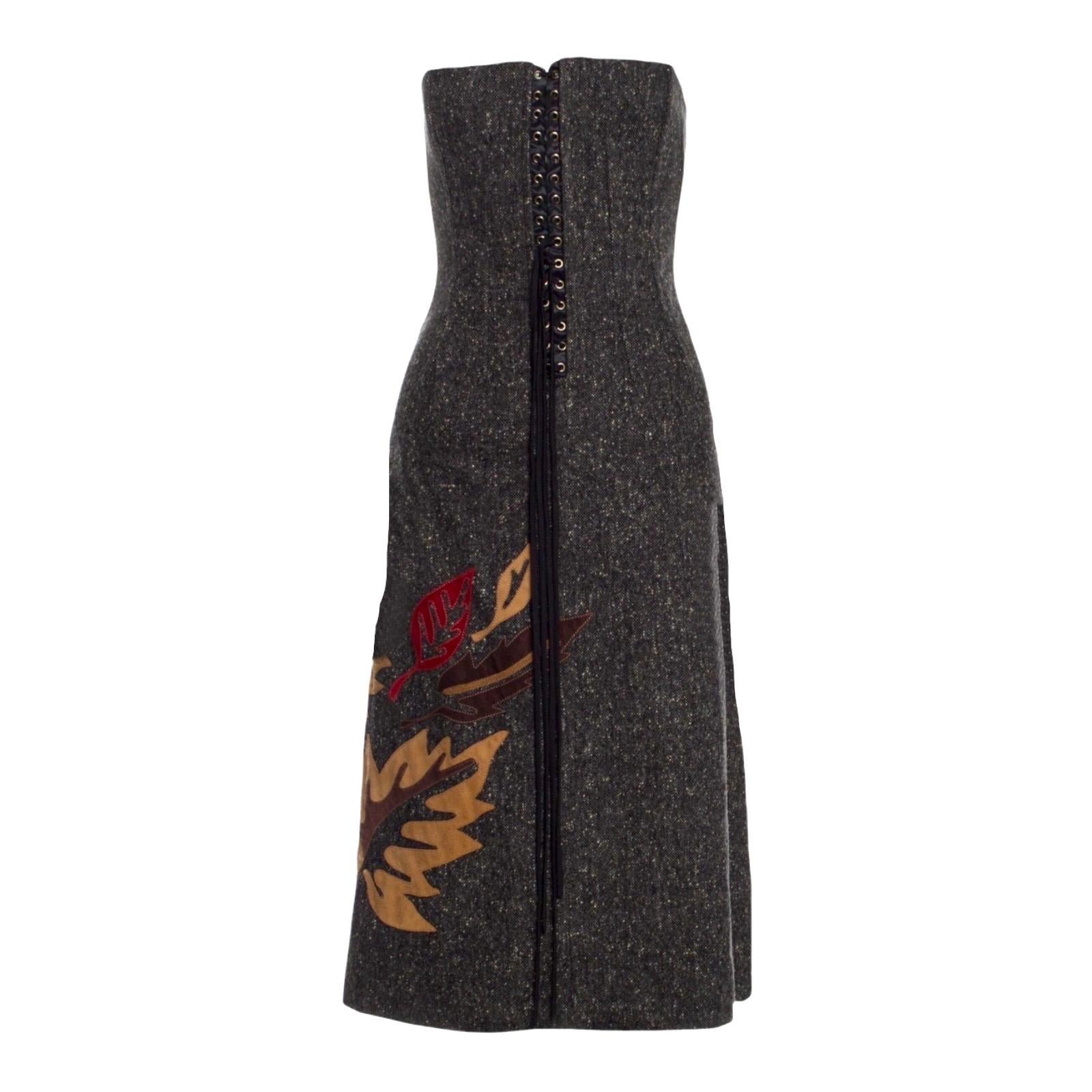 Noir Dolce & Gabbana - Robe corset en tweed à lacets et sablier avec bordure en cuir 44 en vente