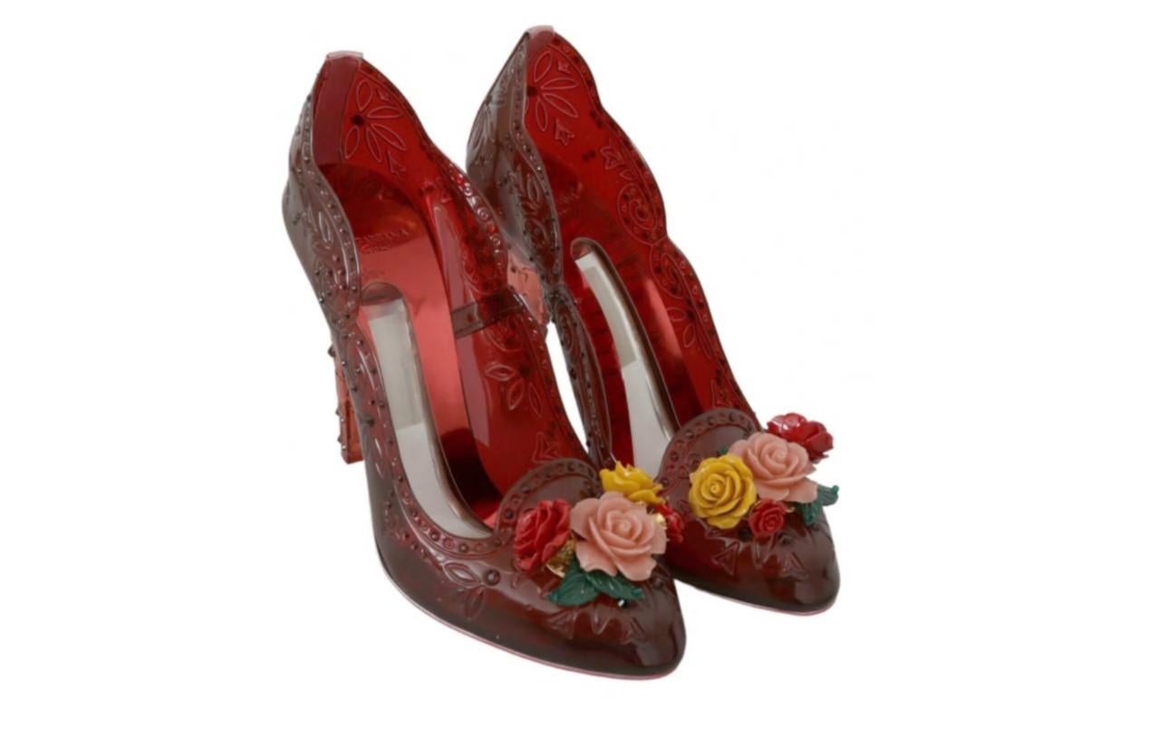 Dolce & Gabbana Bordeaux Floral Leather Cinderella High Heels Pumps Shoes Red For Sale 2