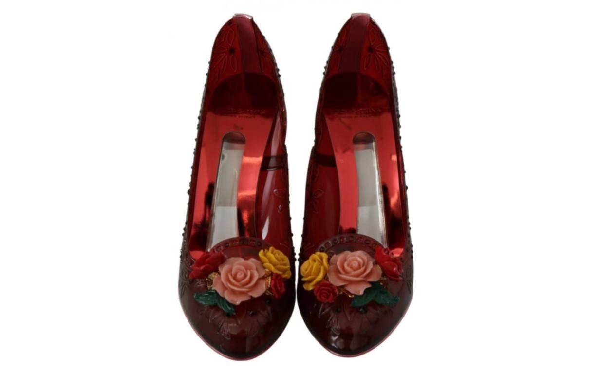 Women's Dolce & Gabbana Bordeaux Floral Leather Cinderella High Heels Pumps Shoes Red For Sale