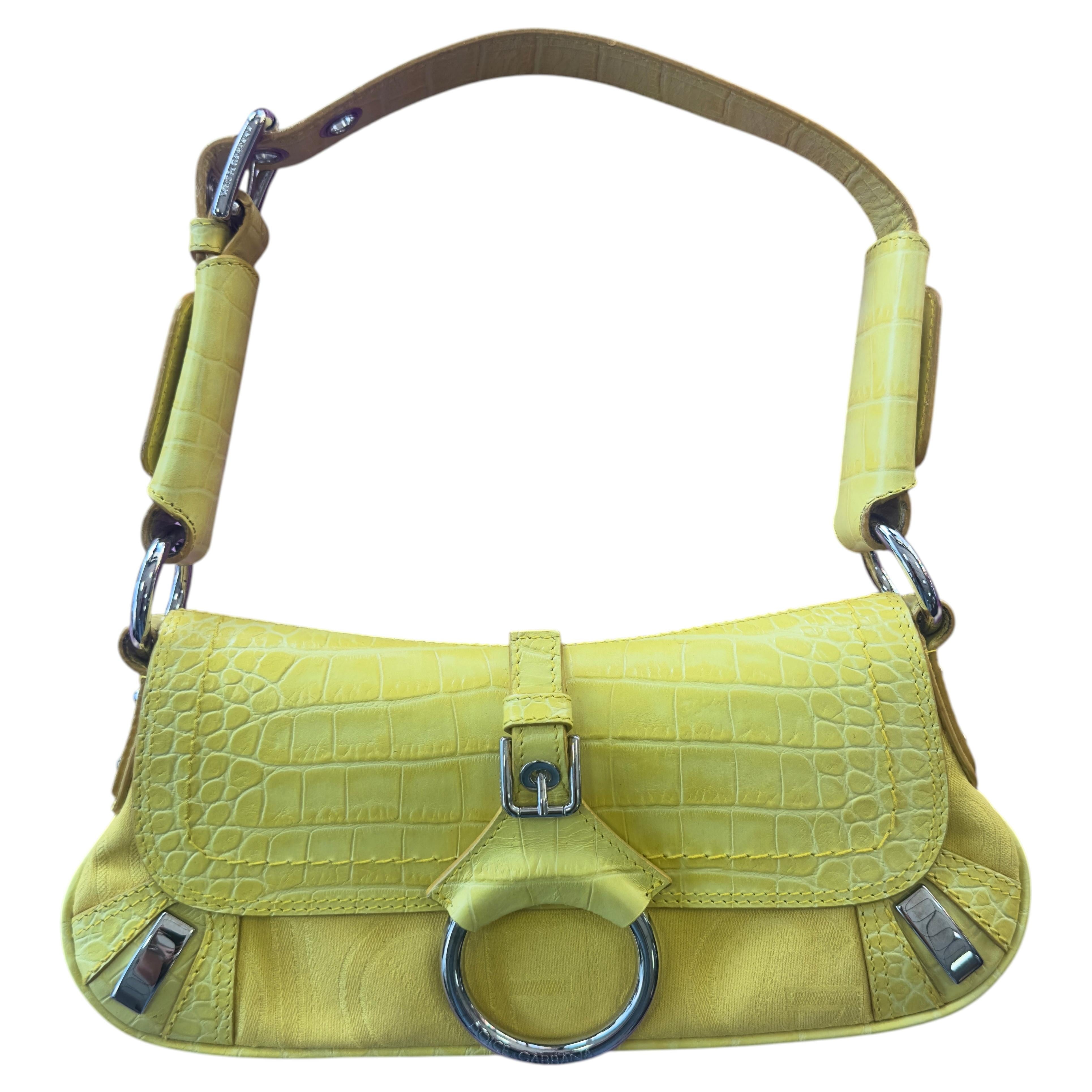 Dolce & Gabbana Vintage Y2K Yellow Bag in Crocodile Effect Leather, 2000s