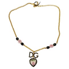 Dolce & Gabbana Brand New Rose Black Crystal Heart Gold Necklace