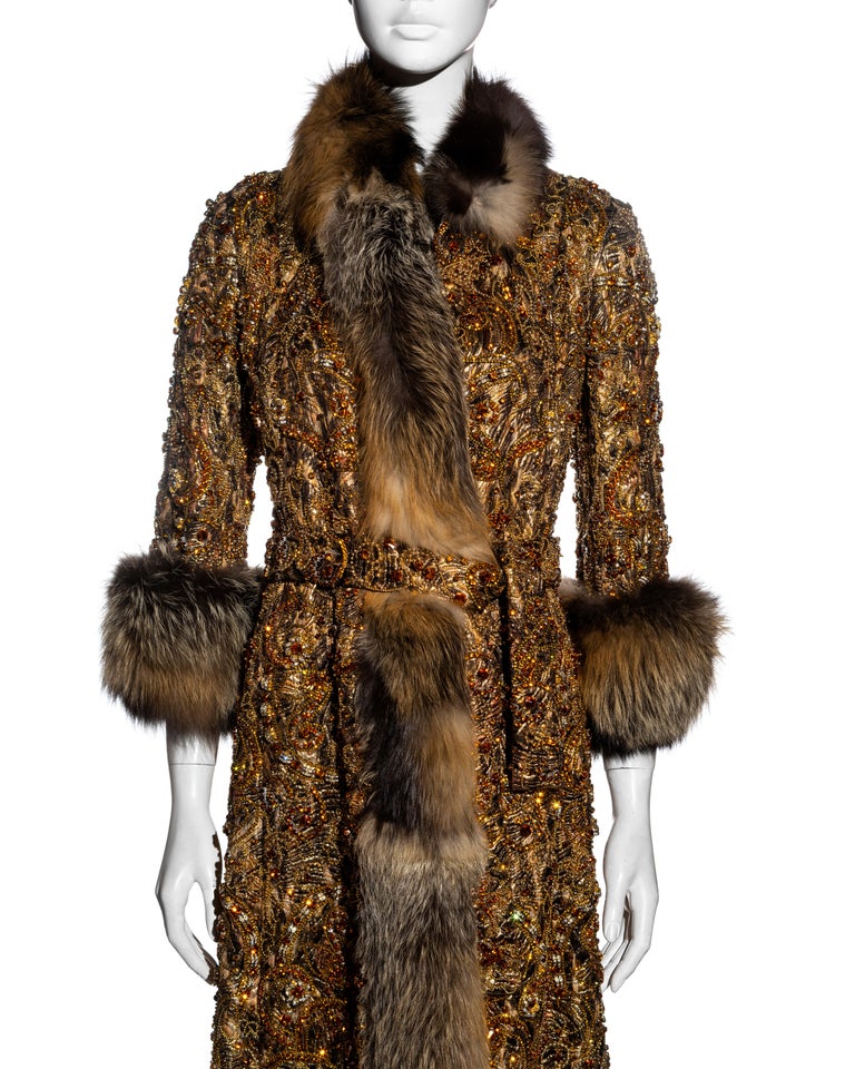 Brown Dolce & Gabbana brocade and fox fur crystal embellished evening coat, fw 2004 For Sale