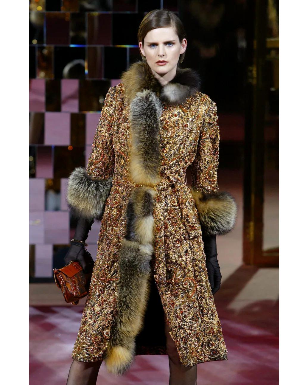 Brown Dolce & Gabbana brocade and fox fur crystal embellished evening coat, fw 2004 For Sale